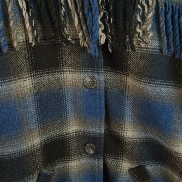 Vintage Large Shacket Oversized Western Shadow Plaid Fringe 90s Wool Blend - Picture 6 of 10